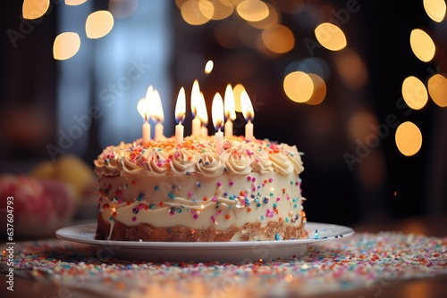 Birthday cake with candles in dining room  blurred background. Generative AI