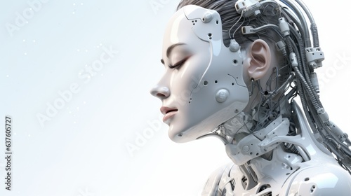 Artificial intelligence modern futuristic woman robot on white background. Generative AI