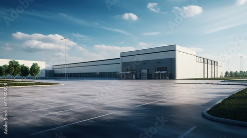 Modern Industrial Complex: A sleek and modern industrial complex stands against a backdrop of a vibrant blue sky, with a large parking lot
