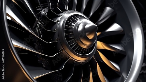 Turbofan engine, modern. A close-up of an aircraft's turbojet on a black background. the aircraft's turbofan engine blades. generative ai