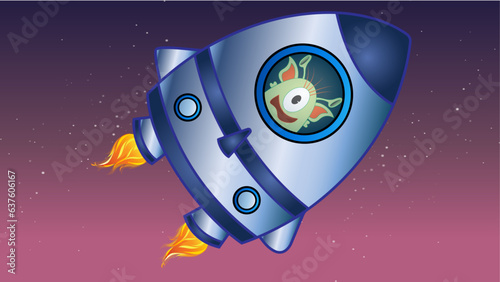 one eyed cartoon alien in a rocket fling though space