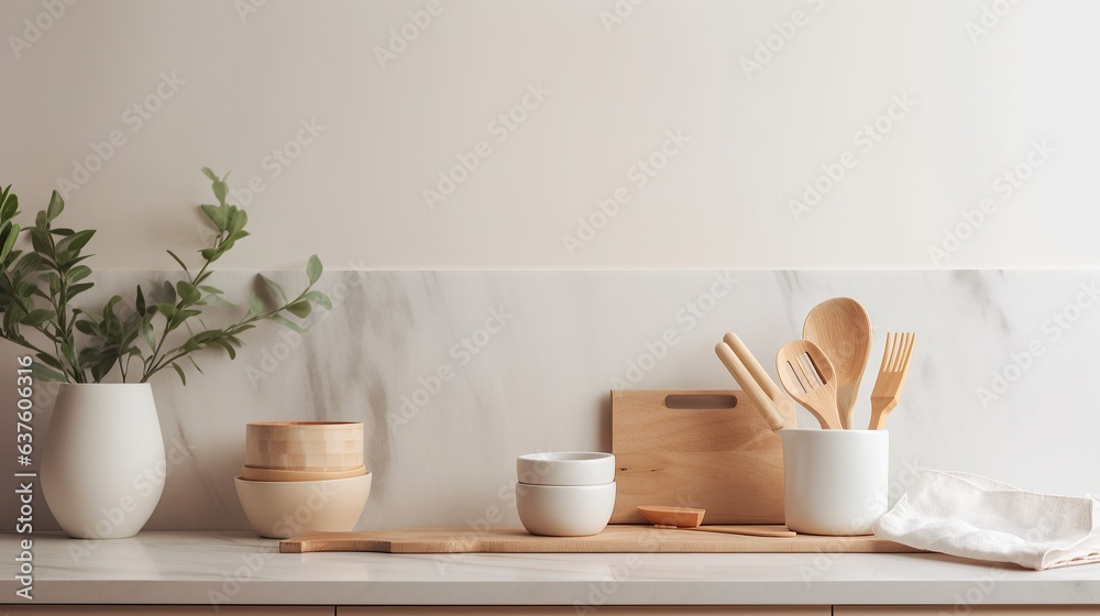 Coastal style white blank empty space kitchen countertop with kitchen utensils and indoor plant, Scandi interior design, AI generated