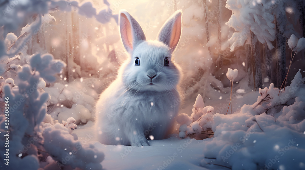 White hare on the background of a winter, snowy forest with bokeh and copy space. Wild animals in winter. Christmas card. White hare on the background of a winter, snowy forest with bokeh and copy space. Wild animals in winter. Christmas card.