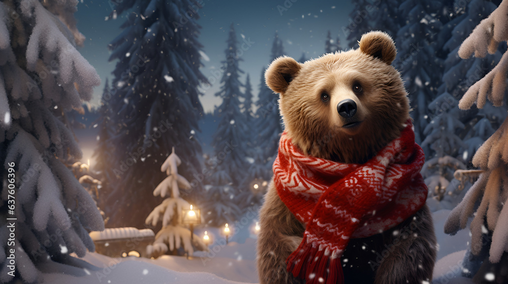 A cute brown grizzly bear with a Christmas red scarf against the backdrop of a fabulous snowy forest with copy space. Cartoon illustration 3d. Christmas card. - obrazy, fototapety, plakaty 