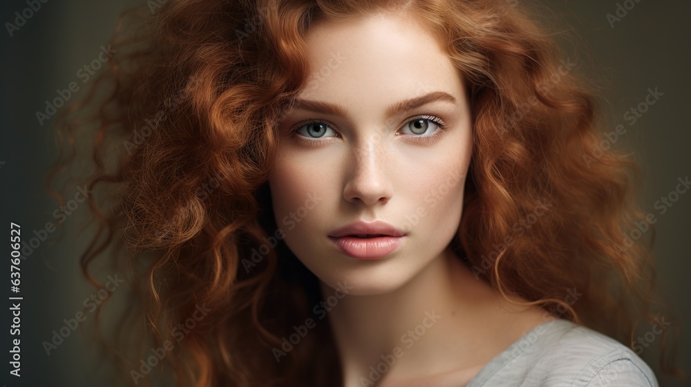 Fototapeta premium Radiant Redhead: Captivating close-up of a beautiful woman with fiery red curly hair, piercing blue-green eyes, and a soft, inviting expression, exuding natural beauty and charm.