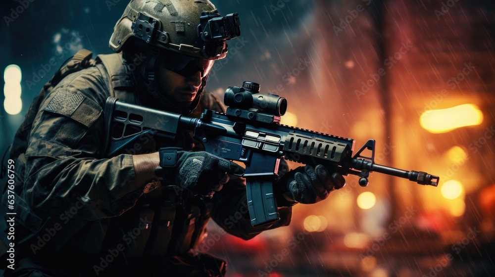 A special ops contract muscular soldier wearing a military outfit and night vision goggles. Generative AI A special ops contract muscular soldier wearing a military outfit and night vision goggles. Generative AI