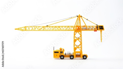 Yellow Construction Crane Toy: A close-up of a yellow construction crane toy, isolated on a white background. The crane is a detailed model, perfect for children's play or collectors.