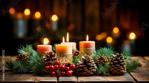 Festive Christmas and Advent decoration with burning candles and bokeh background