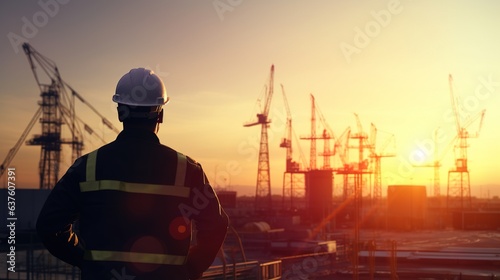 Silhouette engineer standing orders for construction crews to work on high ground heavy industrial and safety concept against blurred nature background sunset. generative ai