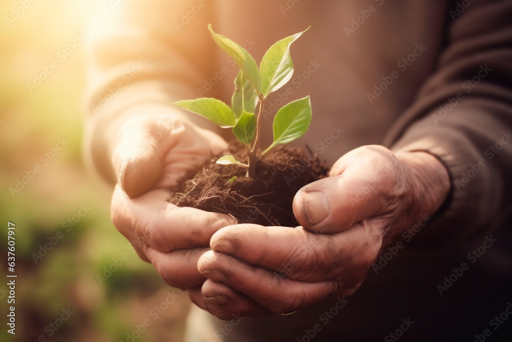 Hands holding young plant in sunshine and green background at sunset. Environment conservation, reforestation, climate change. Generative AI. Hands holding young plant in sunshine and green background at sunset. Environment conservation, reforestation, climate change. Generative AI.