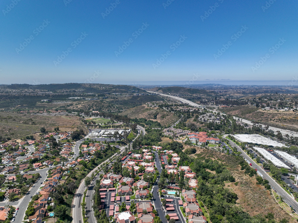 Aerial view of small city Poway in suburb of San Diego County, California, United States. Houses next the valley Aerial view of small city Poway in suburb of San Diego County, California, United States. Houses next the valley