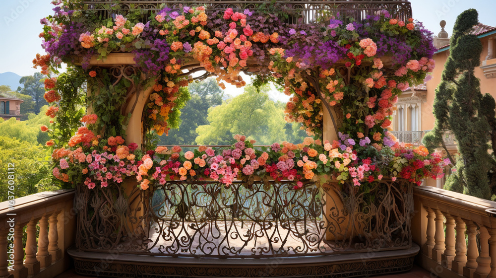 Intricate wrought iron balcony adorned with cascading flowers 