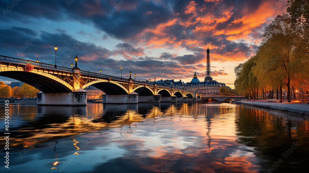 Seine River reflecting the lights of Paris at twilight 