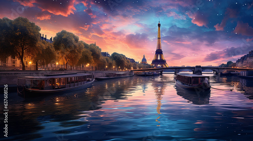 Seine River reflecting the lights of Paris at twilight 