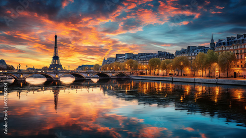 Fotografie, Obraz Seine River reflecting the lights of Paris at twilight