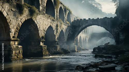 Wisps of fog drifting through the arches of a medieval bridge 