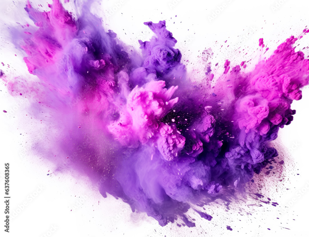 An explosion of purple powder across the black background. Purple and magenta powder on white.
