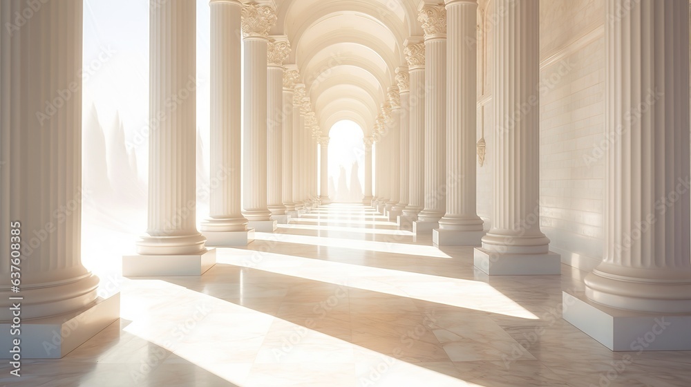 Obraz premium Sunlit Colonnade: A majestic colonnade bathed in warm sunlight, its endless rows of classical columns creating a path towards a radiant light at the end. The scene evokes a sense of grandeur.