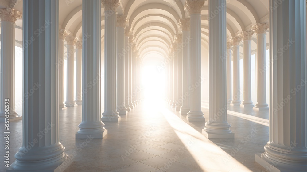 sunlight shines through columns in a long and white corridor. generative ai