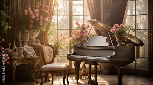 A grand piano bathed in soft light within a Belle Époque salon photo