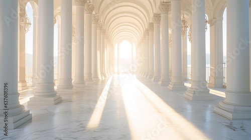 sunlight shines through columns in a long and white corridor. generative ai