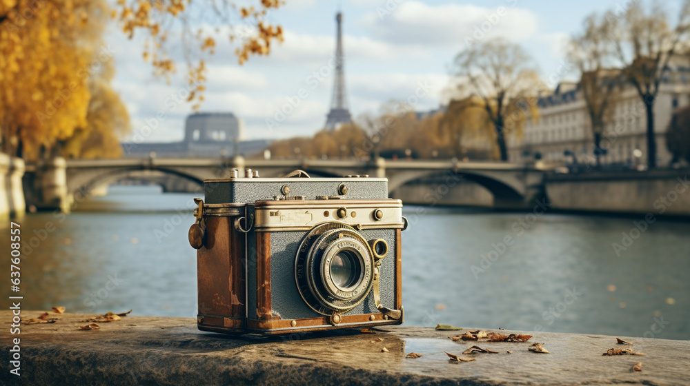 A vintage film camera capturing a moment by the Seine  - obrazy, fototapety, plakaty 