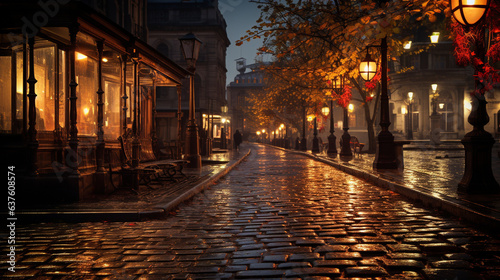 Rain-soaked cobblestones reflecting the warm glow of street lamps