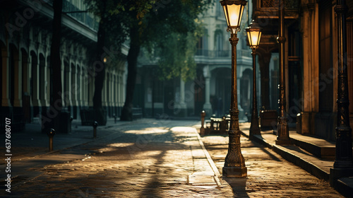 A vintage lamppost casting intricate shadows on a narrow street 