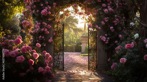 A wrought iron gate opening into a secret garden brimming with roses  photo