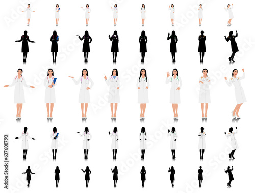 Hand-drawn female healthcare worker. Happy smiling doctor with a stethoscope. A doctor in a white coat poses. Different color options. Vector flat style illustration set isolated on white