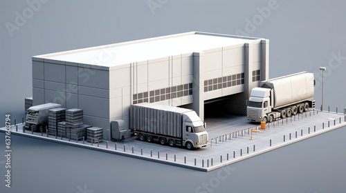 Warehouse façade featuring loading ramps and truck parking spaces - contemporary industrial warehouse storage structure. generative ai