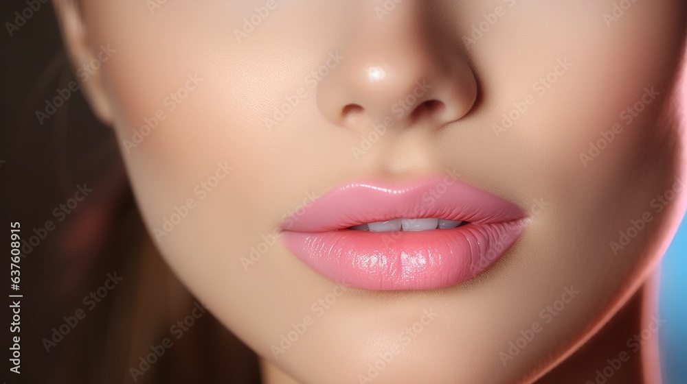 Fototapeta premium Close-up of a gorgeous woman's face with healthy skin, lips, and eyes. generative ai