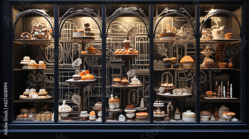 A patisserie window displaying exquisite pastries like works of art  photo