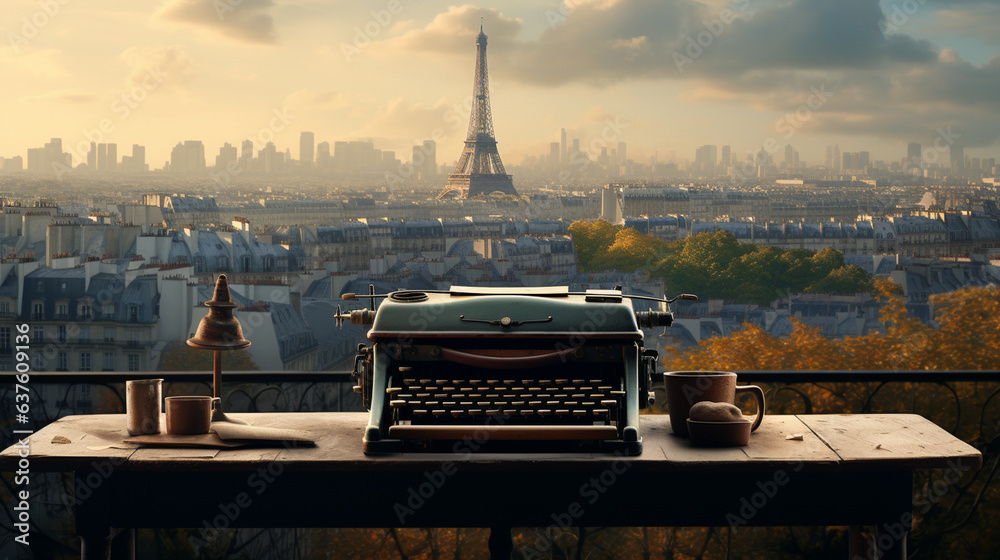 A vintage typewriter on a desk overlooking a Parisian skyline  - obrazy, fototapety, plakaty 