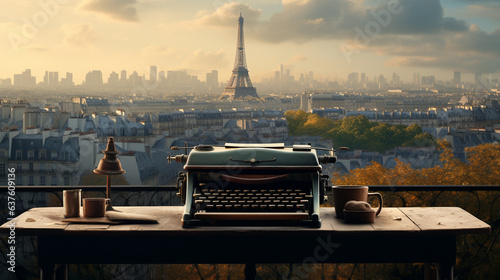 A vintage typewriter on a desk overlooking a Parisian skyline 