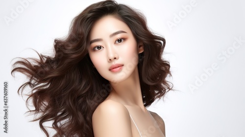 Portrait of a young cheerful woman looking at the camera, beauty and spa, Asian woman portrait on a white background. generative ai