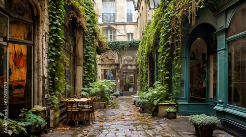 A labyrinthine alleyway in Le Marais  draped in ivy and history 