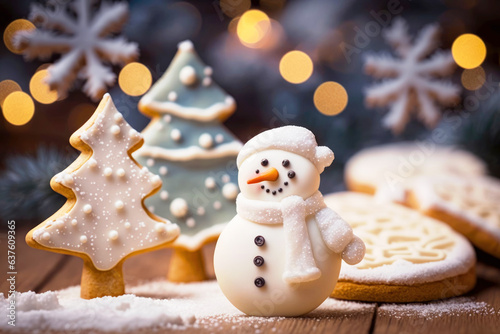 Leinwand Poster Christmas cookies, snowman, christmas tree, on festive background