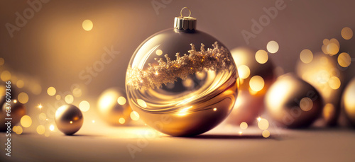 Christmas background with golden decoration, gold decorated balls and bokeh, Generative AI