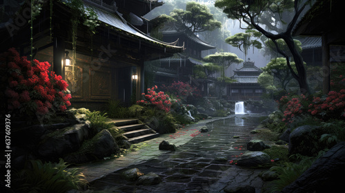 The winding path leads to the secluded place  Zen room with deep flowers and trees  rainy weather. Generative AI