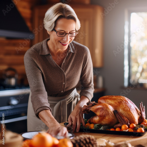 lifestyle photo mother carving turkey for thanksgiving