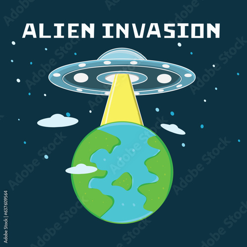 Alien Invasion, illustration of Ufos and Planet Earth