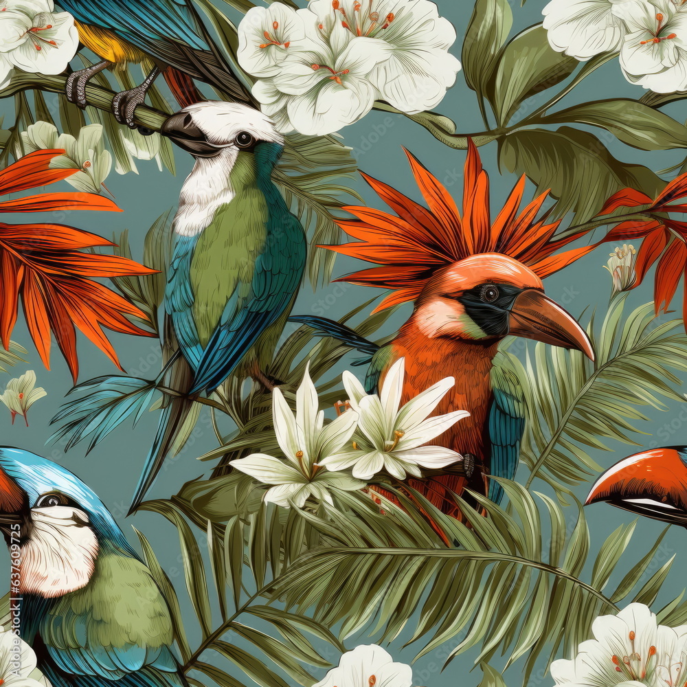 Seamless Pattern Tropical wallpaper with plants and birds background, forest