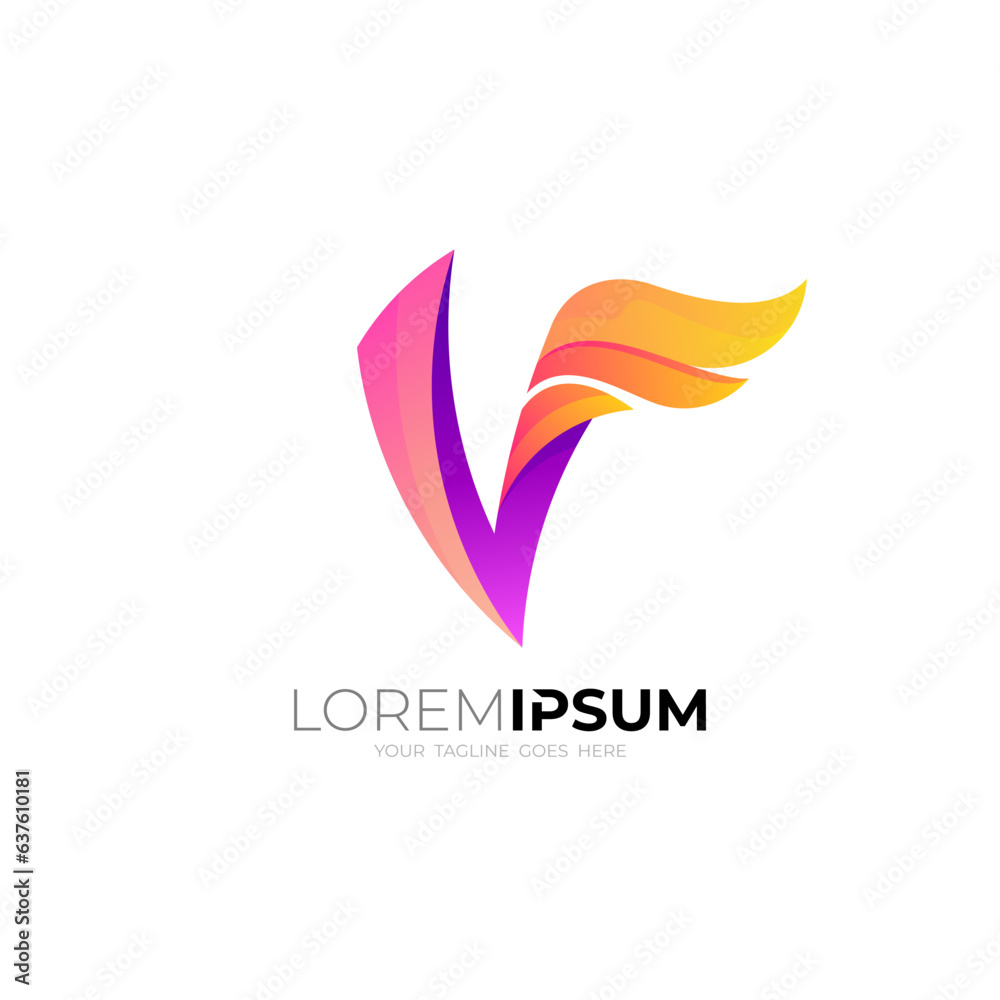 Fototapeta premium V logo and wing design, Business logo, 3d colorful design