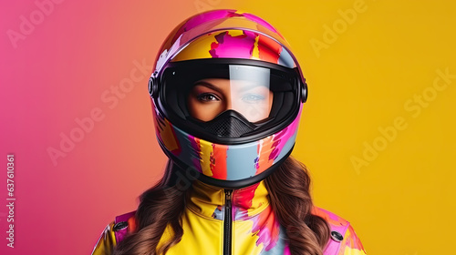 Beautiful sexy elegance haired hair woman driver, has happy fun cheerful smiling face, Studio photo on a bright colored background © PaulShlykov