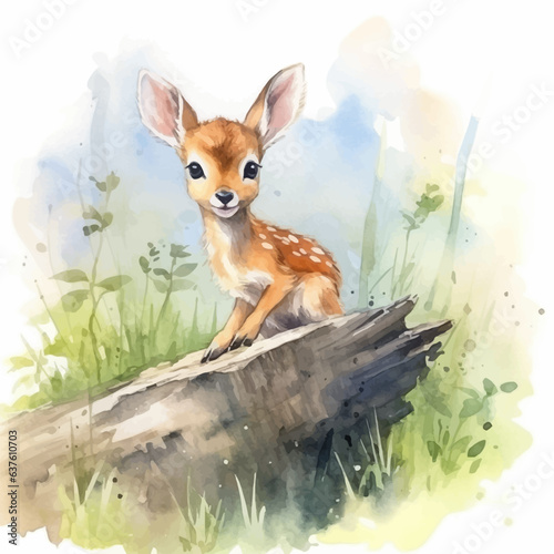 Cute little deer cartoon on stump tree with watercolor painting style