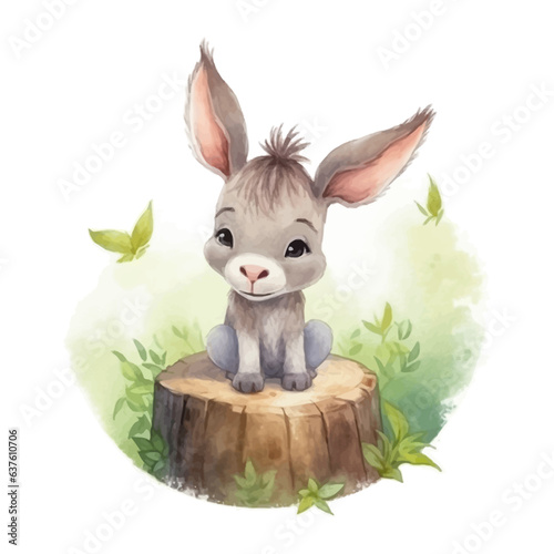 Cute little donkey cartoon on stump tree with watercolor painting style