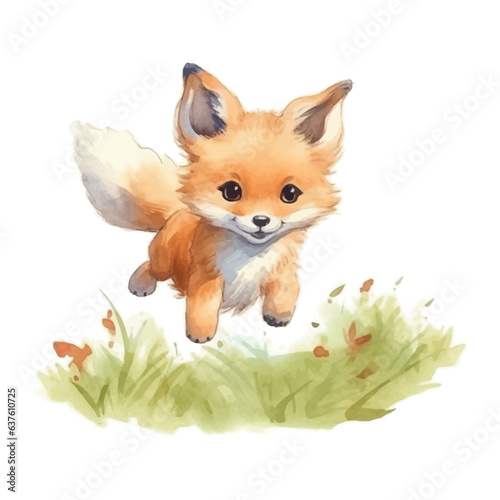 Cute little fox cartoon in watercolor painting style