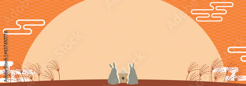 夕日を眺めるウサギで飾られた秋の広告バナーテンプレート　Autumn ad banner template decorated with a rabbit watching the sunset