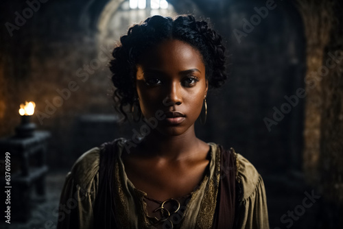 Fotografia, Obraz Young black woman in a medieval vault. She looks sad.